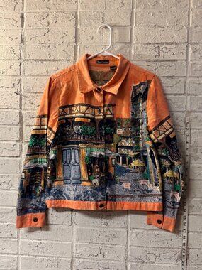 French Postcards Jacket Scenic Print Paris Street Café Cotton Size M